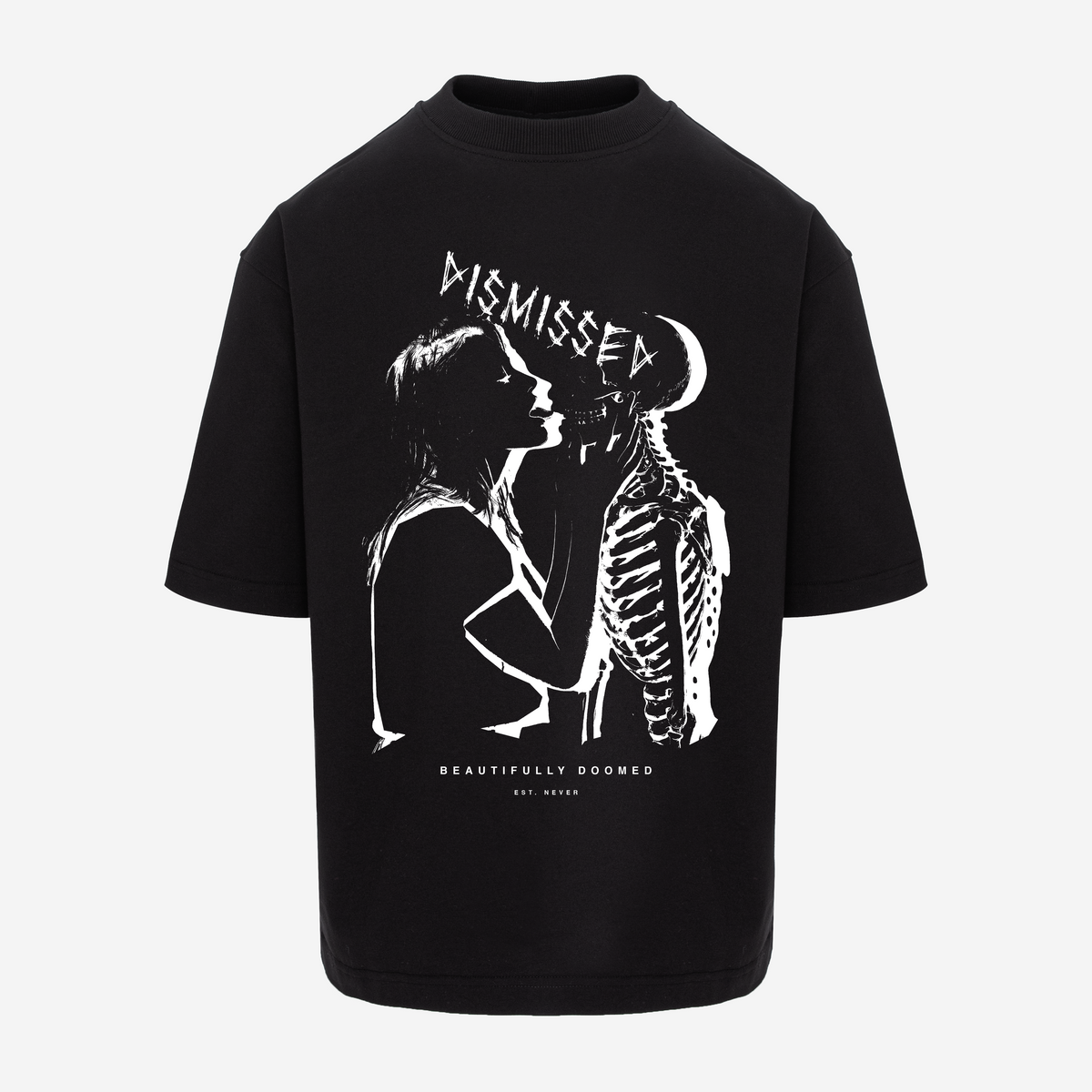 A black short-sleeve t-shirt with a white graphic print on the front showing a silhouette of a person next to a skeleton, with the text 'DISMISSED' and 'BEAUTIFULLY DOOMED' by 'ELI NEWMAN'.