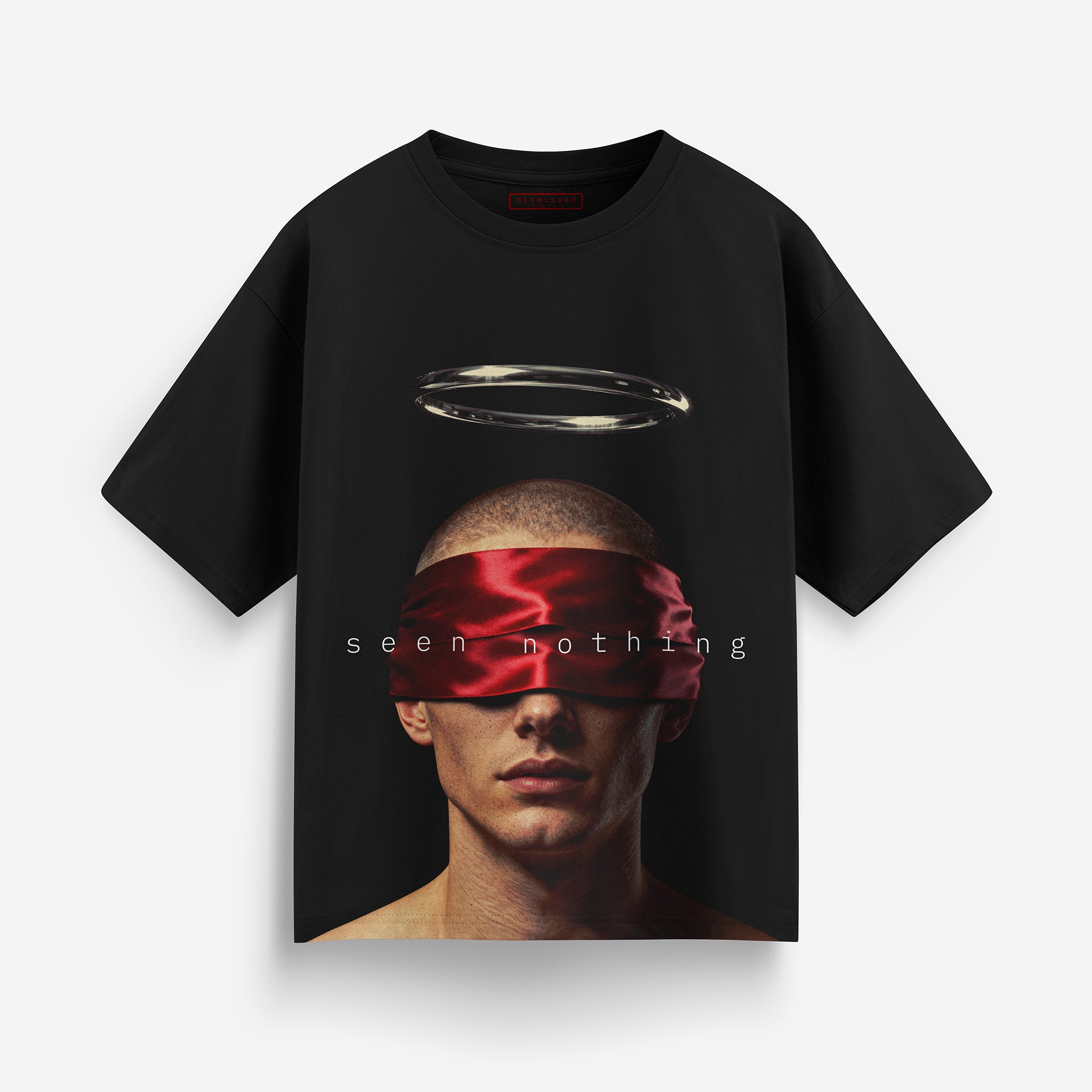 Dismissed Case No.1 Seen Nothing oversized white t-shirt with red satin blindfold and metallic halo print