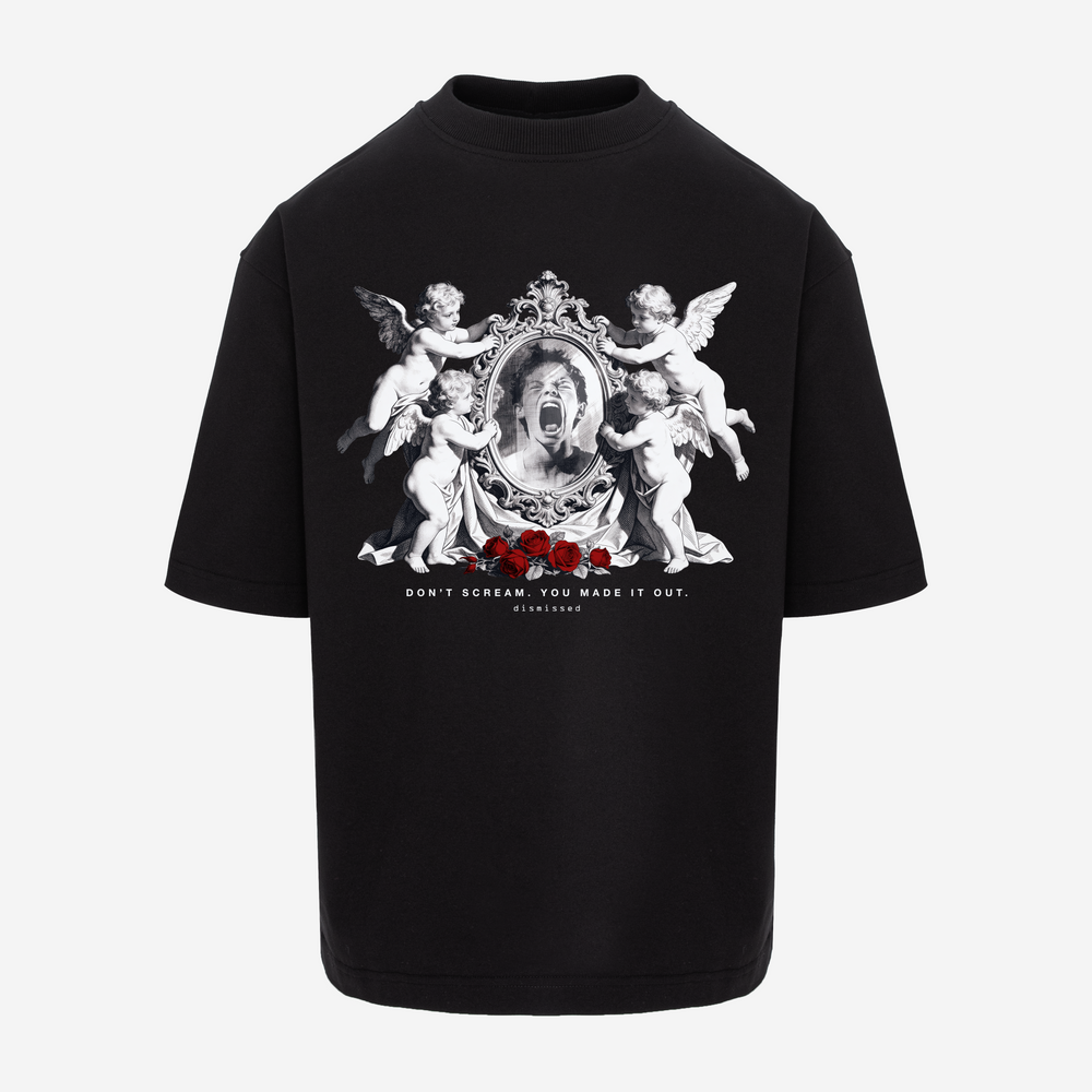 Tricou oversize Dismissed DON'T SCREAM Case No.7, negru — vedere frontală