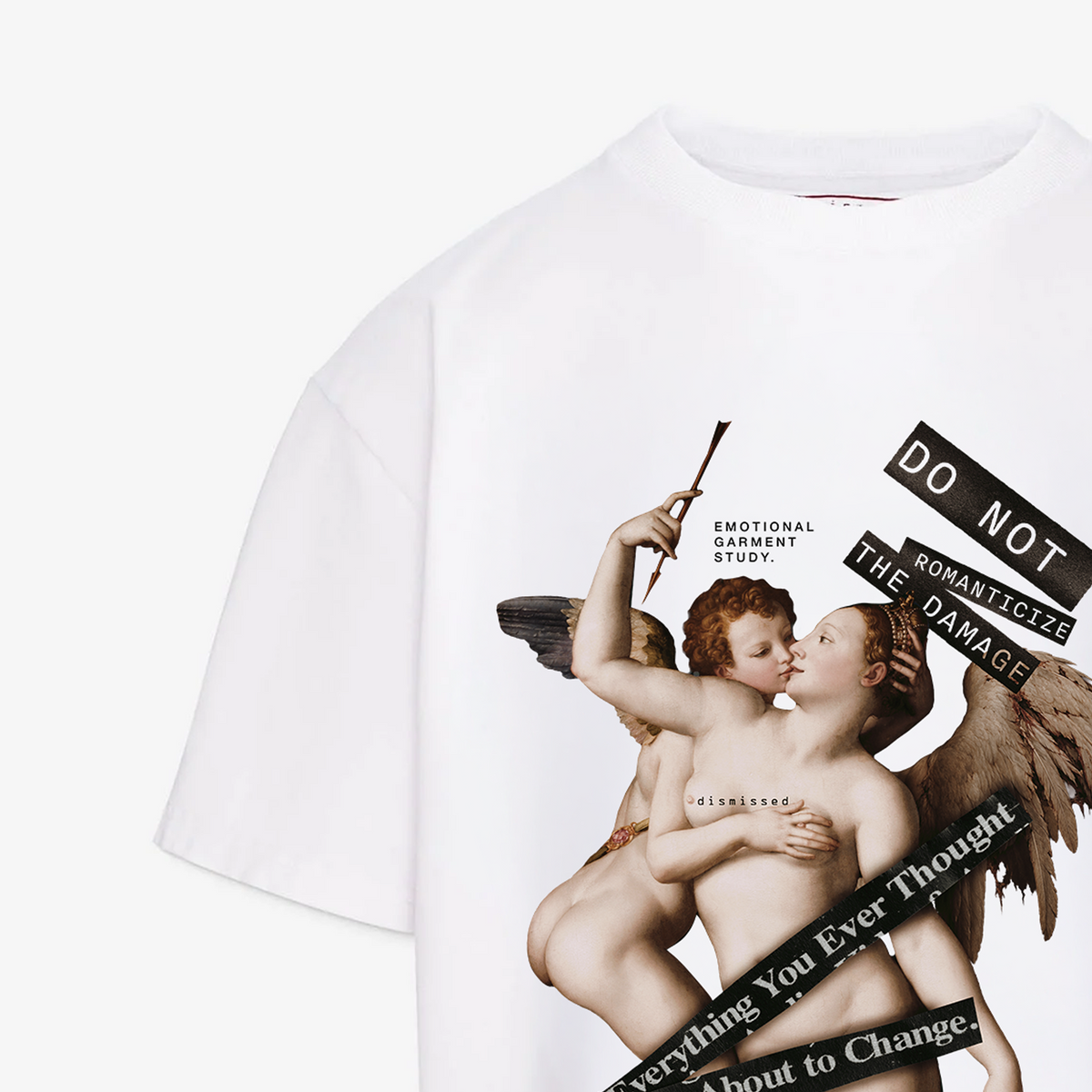 Tricou oversize Dismissed DON'T ROMANTICIZE THE DAMAGE Case No.17, alb — detaliu print